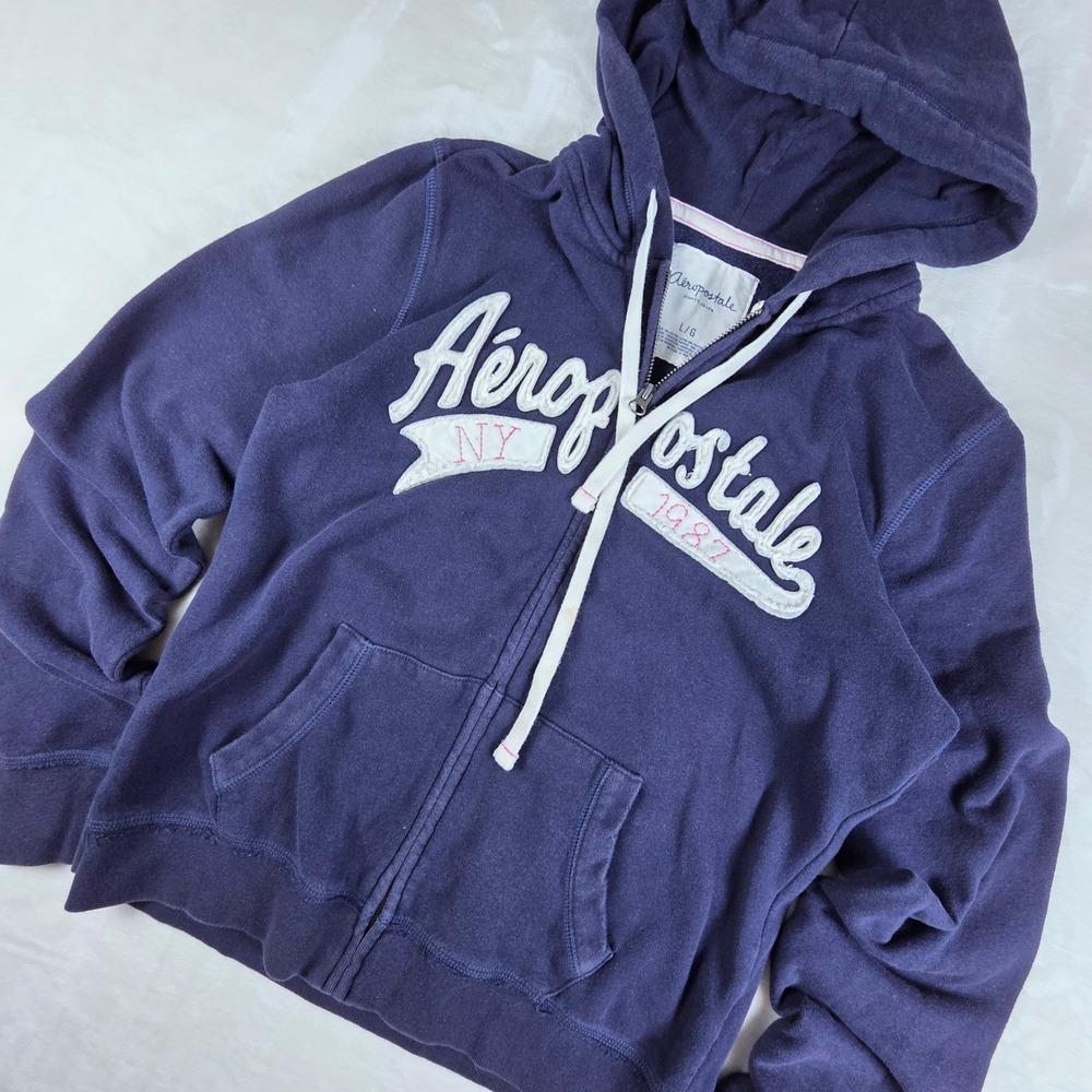 Aeropostale Full Zip Hoodie Womens Large Navy Blue 1987 NY Logo Spellout Y2K